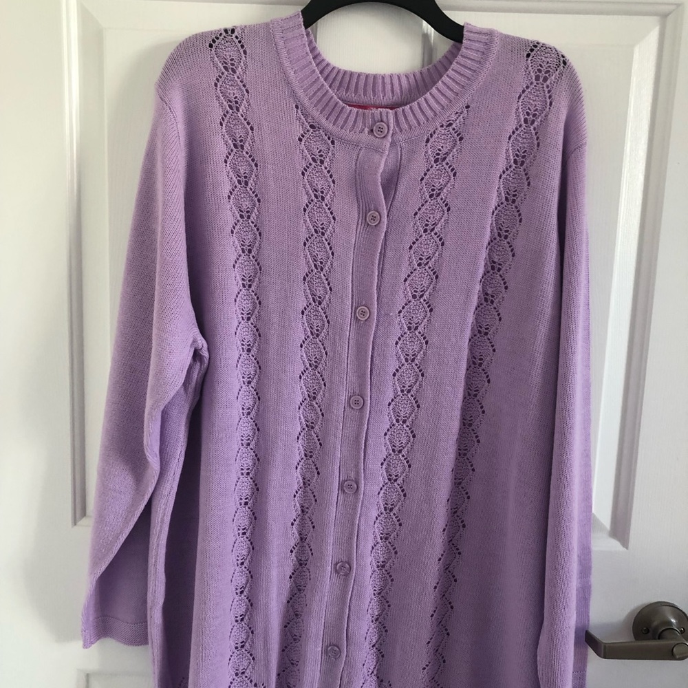 Purple WomanWithin Crew Neck Front Buttons Sweater